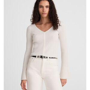 Madewell Ribbed Vneck Sweater Top Merino Wool XXS White Boho Flare Sleeve Flaw